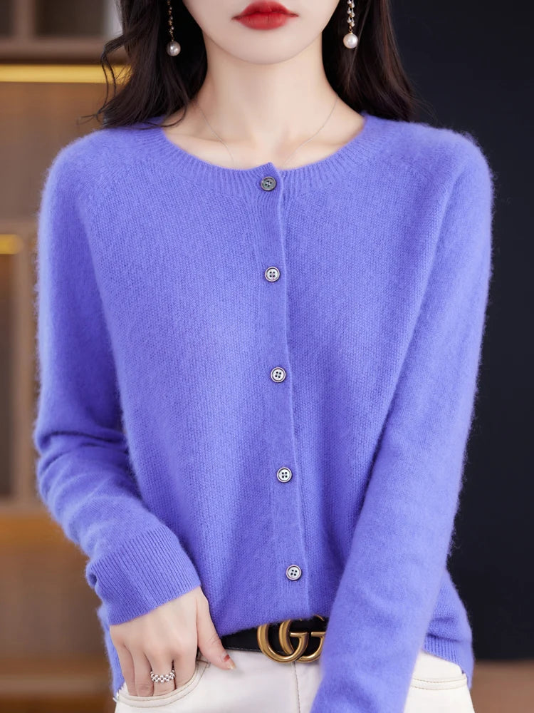 2026 New Chic Women's Basic O-neck Cardigan 100% Merino Wool Sweater Soft Grace Knitwear CoatSpring Autumn Female Clothes Tops