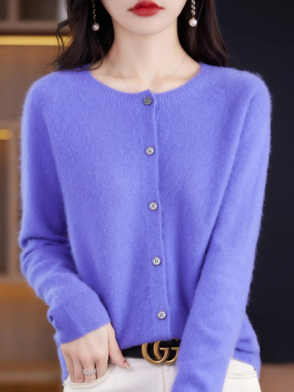 2026 New Chic Women's Basic O-neck Cardigan 100% Merino Wool Sweater Soft Grace Knitwear CoatSpring Autumn Female Clothes Tops