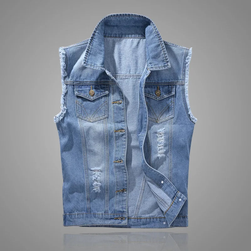 New Fashion Men Light Blue Holes Denim Vests Ripped Denim Sleeveless Jackets Waistcoats Male Cotton Slim Jeans Waistcoats 5XL