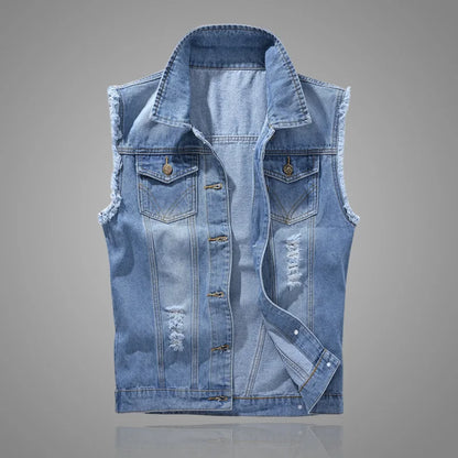 New Fashion Men Light Blue Holes Denim Vests Ripped Denim Sleeveless Jackets Waistcoats Male Cotton Slim Jeans Waistcoats 5XL