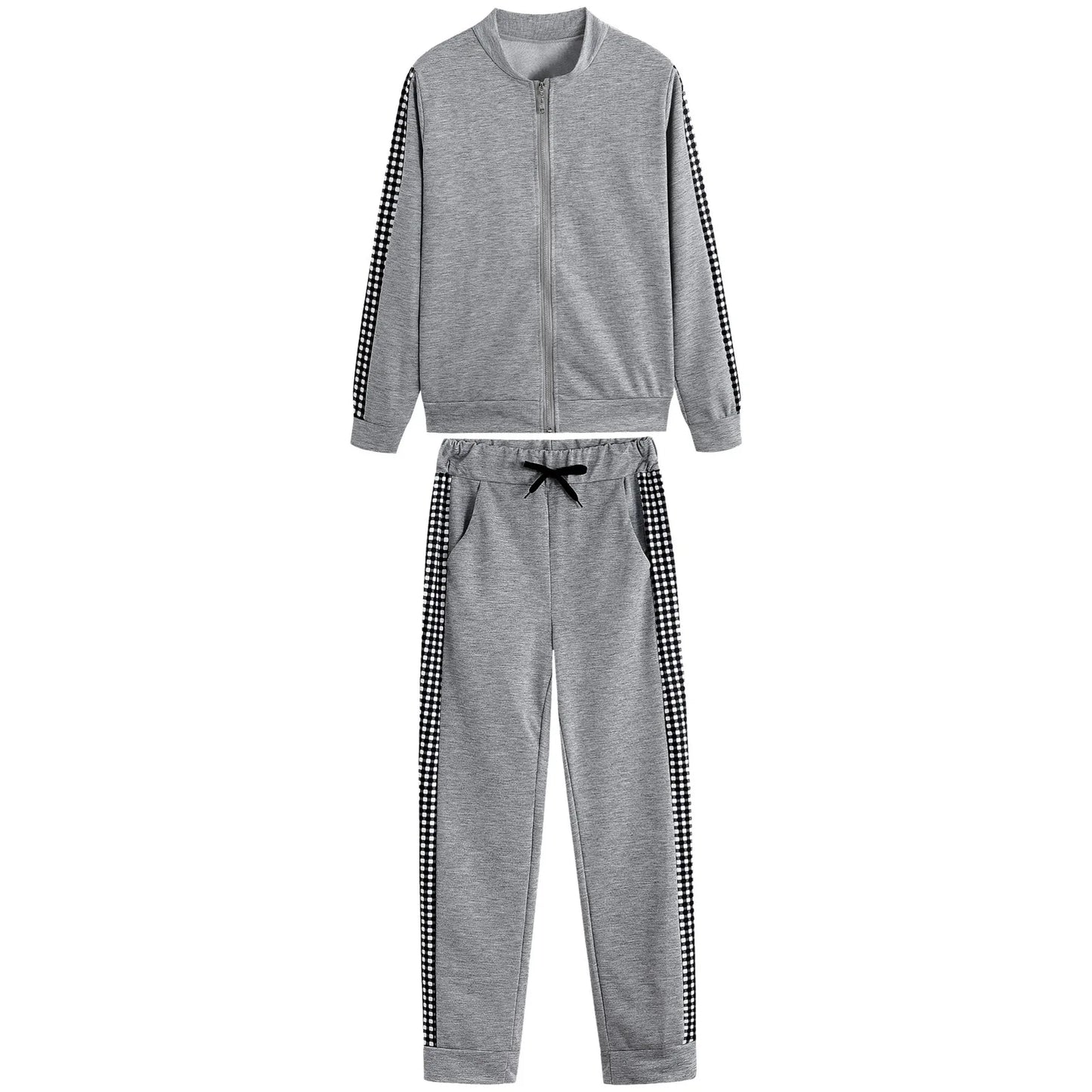 Athleisure Zipper Jacket Women's Suit Spring Fashion Patchwork Plaid Slim Fit Timid Feet Trousers Female 2 Piece Set 2025