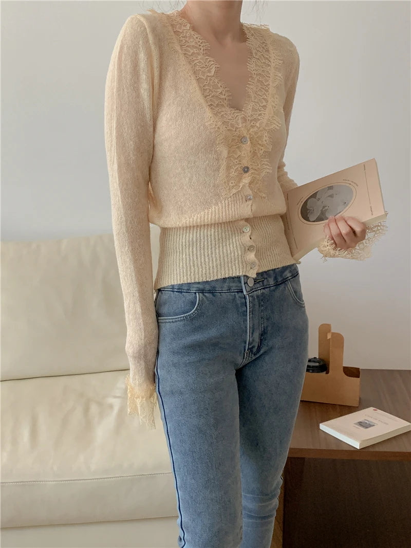 Seoulish Vintage Lace Knitted Cardigans for Women 2026 New Autumn Winter Solid Casual Slim Korean Style Ladies Tops Female