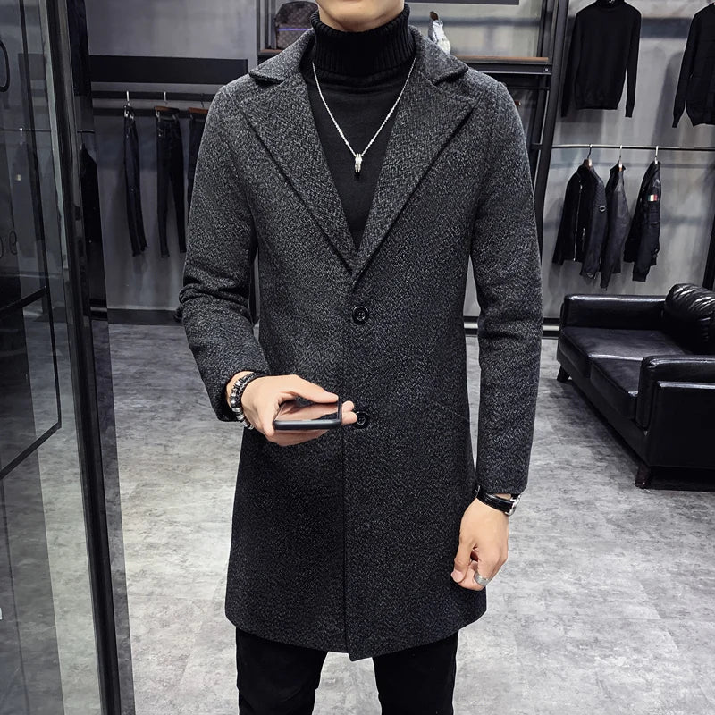 Men Winter Trench Coats Long Jackets Men Slim Fit Casual Wool Blends Business Casual Trench Thicker Warm Long Coats Size 5XL