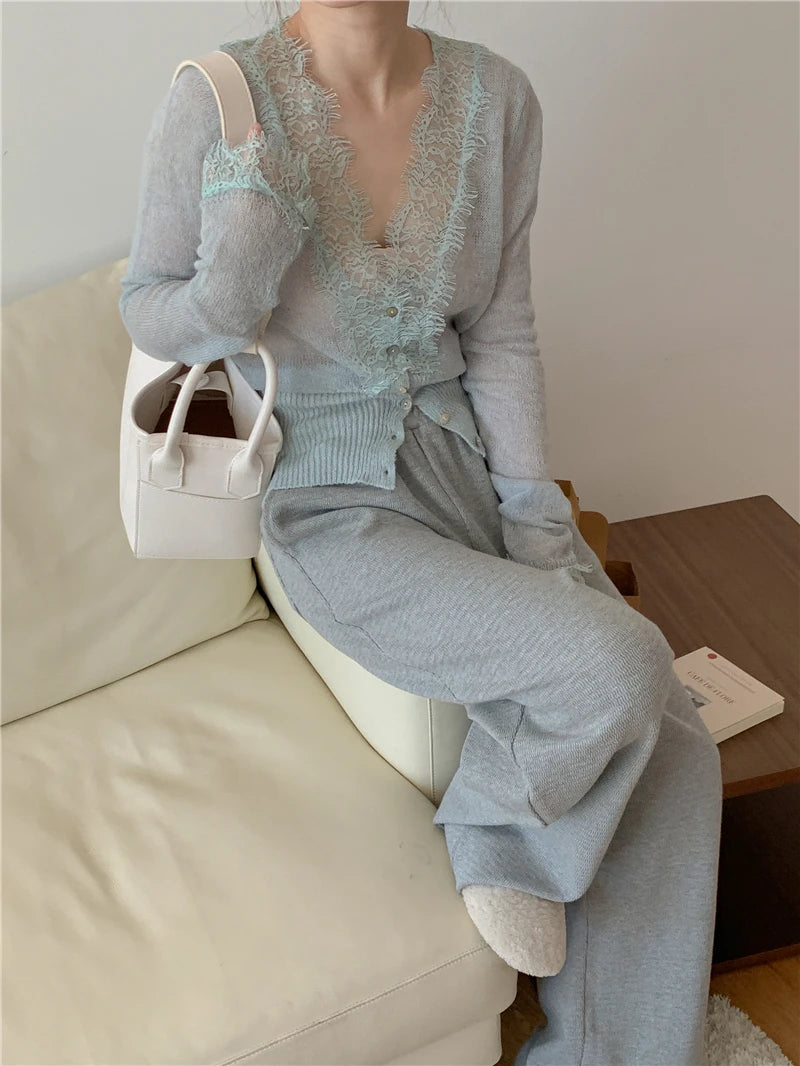 Seoulish Vintage Lace Knitted Cardigans for Women 2026 New Autumn Winter Solid Casual Slim Korean Style Ladies Tops Female