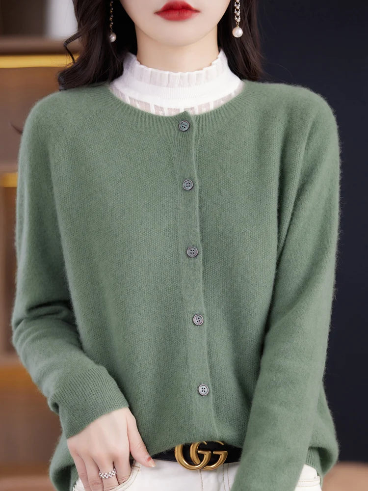2026 New Chic Women's Basic O-neck Cardigan 100% Merino Wool Sweater Soft Grace Knitwear CoatSpring Autumn Female Clothes Tops
