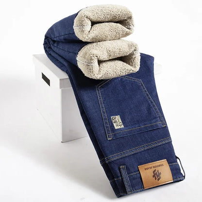 Pantalones vaqueros rectos con pelusa de cordero para hombre, Vaqueros gruesos de talla grande 40, Vaqueros elásticos de cintura alta con forro polar, Vaqueros ajustados cálidos para invierno