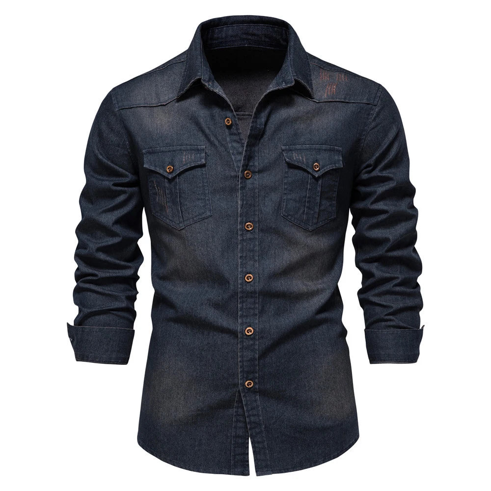 2026 Cotton Denim Shirts Men Casual Long Sleeve Quality Cowboy Shirt Solid Color Slim Fit Elastic Navy Blue Black Clothes