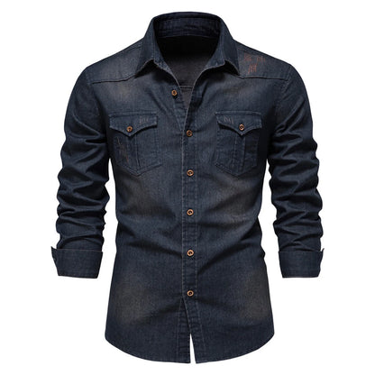 2026 Cotton Denim Shirts Men Casual Long Sleeve Quality Cowboy Shirt Solid Color Slim Fit Elastic Navy Blue Black Clothes