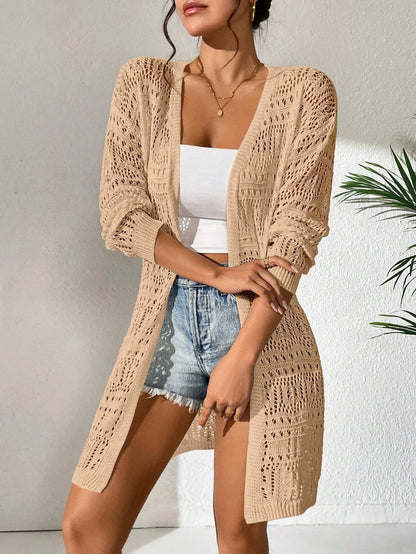 Polyester 100% solid color knitted cardigan with sun shading and loose fitting fashion, mid length and elegant sweater
