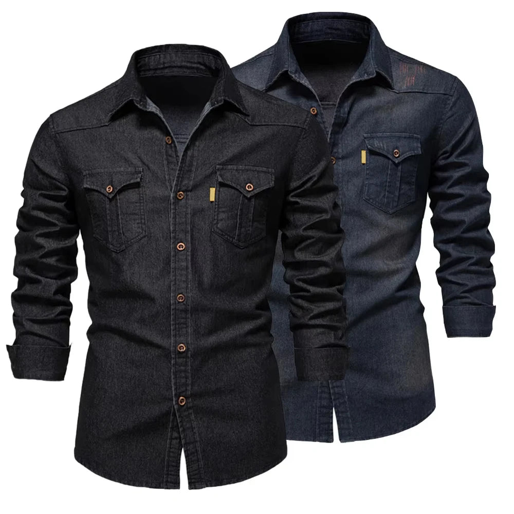 2026 Cotton Denim Shirts Men Casual Long Sleeve Quality Cowboy Shirt Solid Color Slim Fit Elastic Navy Blue Black Clothes