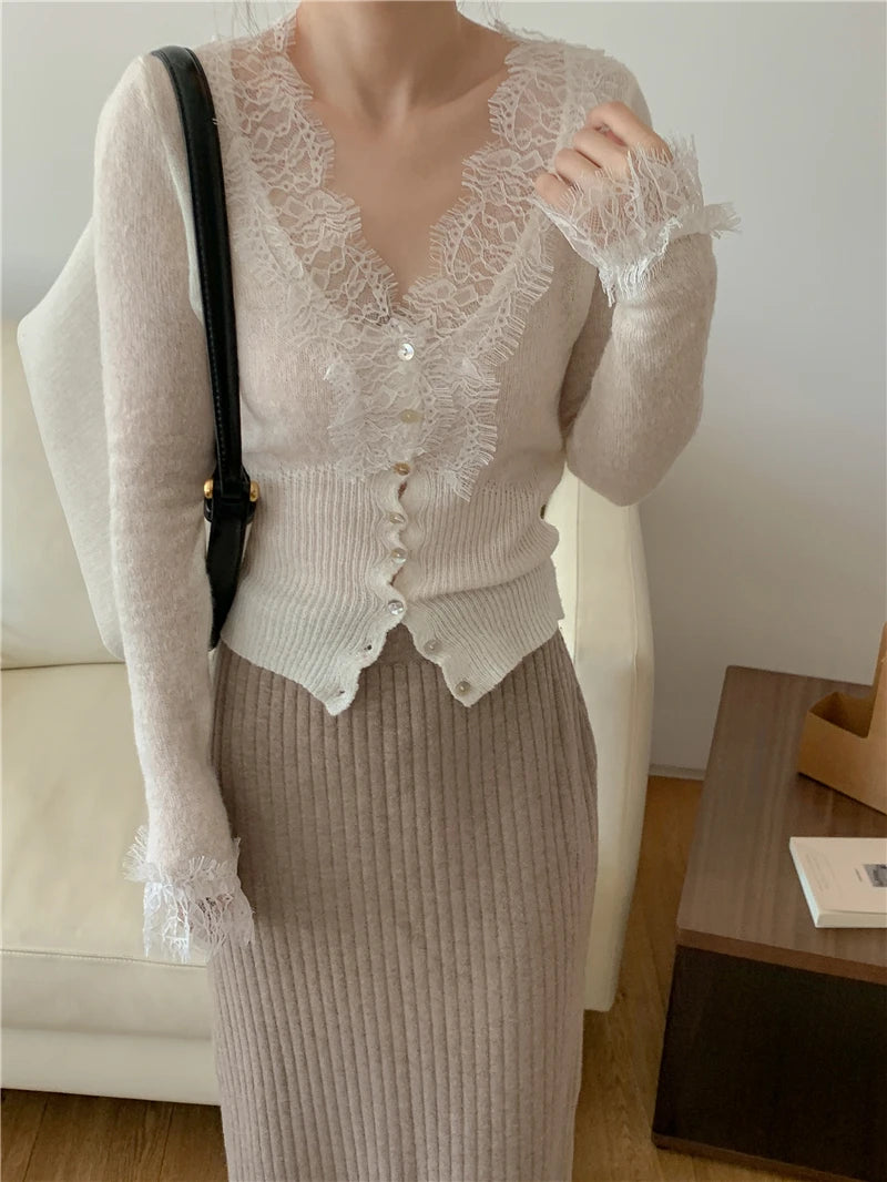 Seoulish Vintage Lace Knitted Cardigans for Women 2026 New Autumn Winter Solid Casual Slim Korean Style Ladies Tops Female