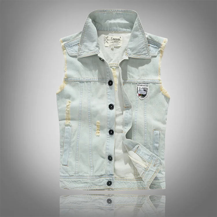 New Fashion Men Light Blue Holes Denim Vests Ripped Denim Sleeveless Jackets Waistcoats Male Cotton Slim Jeans Waistcoats 5XL