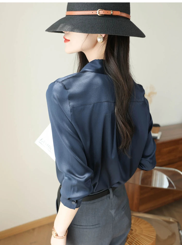 Spring Autumn Elegant Satin Women's Blouse 2026 New Long Sleeve Turn-down Collar Korean Casual Loose Office Lady Shirts Female