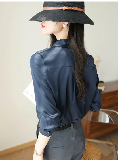 Spring Autumn Elegant Satin Women's Blouse 2026 New Long Sleeve Turn-down Collar Korean Casual Loose Office Lady Shirts Female