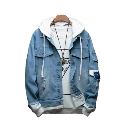 Chaquetas vaqueras con capucha para hombre, abrigos vaqueros nuevos para primavera y otoño, abrigos y chaquetas informales de mezclilla con agujeros para hombre, chaquetas vaqueras holgadas de talla 4XL