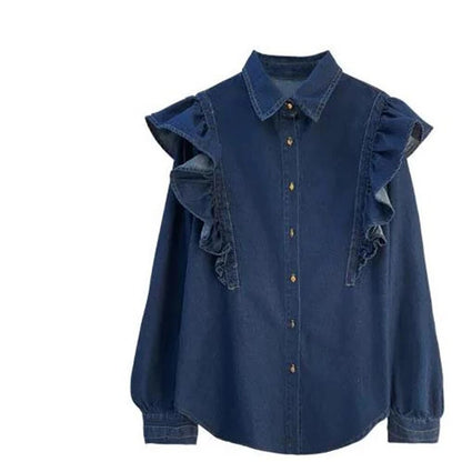 Blusa de moda con volantes para mujer, blusa holgada de manga larga con botones, Tops elegantes y dulces para mujer 2022