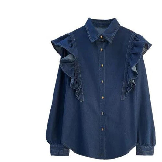 Blusa de moda con volantes para mujer, blusa holgada de manga larga con botones, Tops elegantes y dulces para mujer 2022