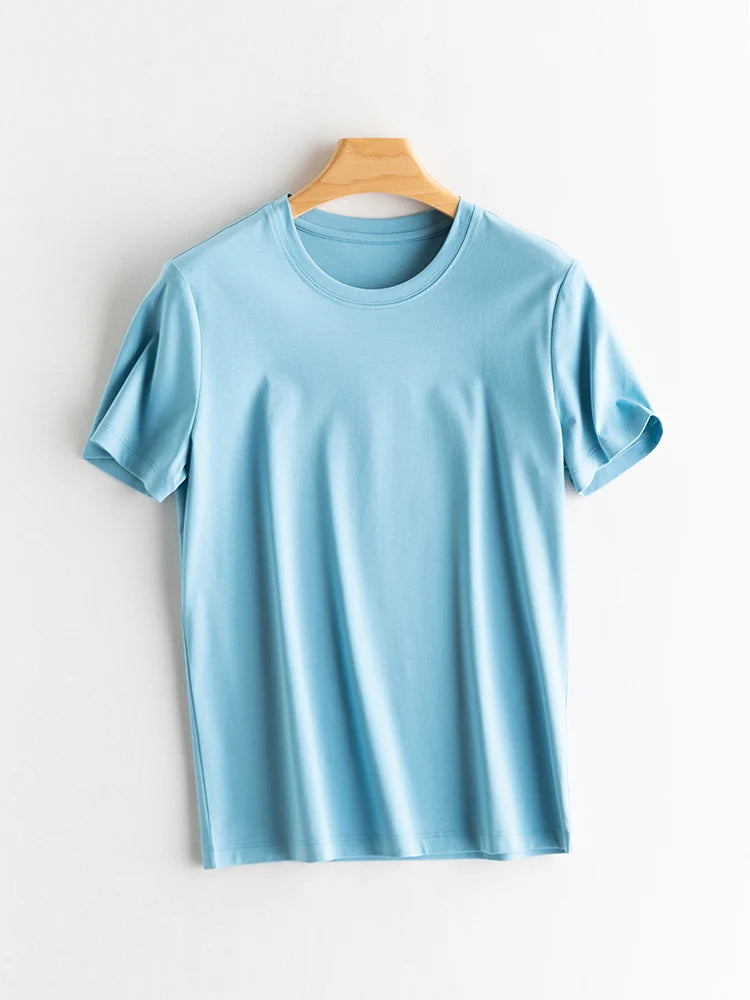SuyaDream Women Solid T shirts, Silk Cotton Blend, O Neck, Short Sleeved Solid Tee,2026 Summer Candy Colors Basic Cozy Top Green
