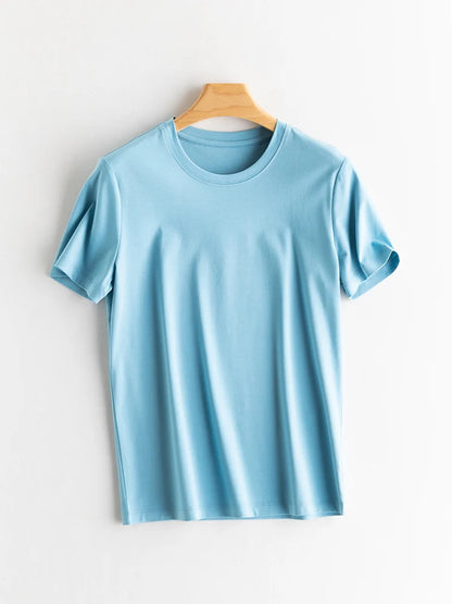 SuyaDream Women Solid T shirts, Silk Cotton Blend, O Neck, Short Sleeved Solid Tee,2026 Summer Candy Colors Basic Cozy Top Green