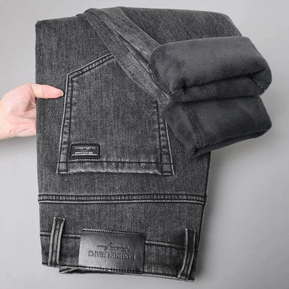Winter Warm Jeans Men's Slim Straight Elastic Denim Pants Casual Male Clothing Fashion Plush Trousers New Hot Sale Fashion Jeans