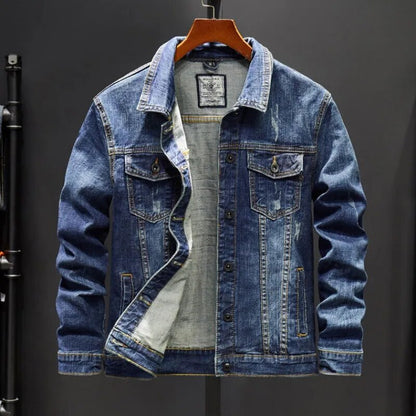 Venta al por mayor 2023 nueva chaqueta vaquera transfronteriza para hombre primavera otoño abrigo vaquero sencillo para hombre chaqueta vaquera deshilachada azul claro para hombre