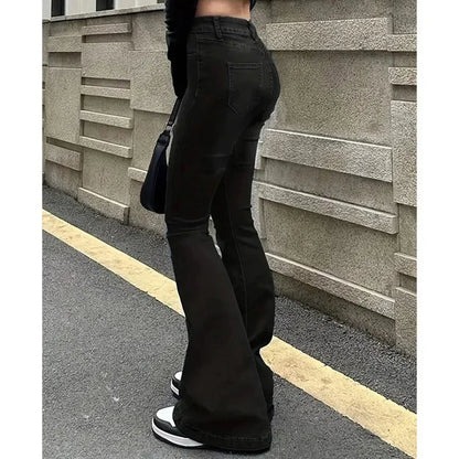 Girls Concise Ins High Waist Flared Jeans Female Stretchy Bootcut Denim Pants Women Solid Color Thin Bell Bottoms Trousers