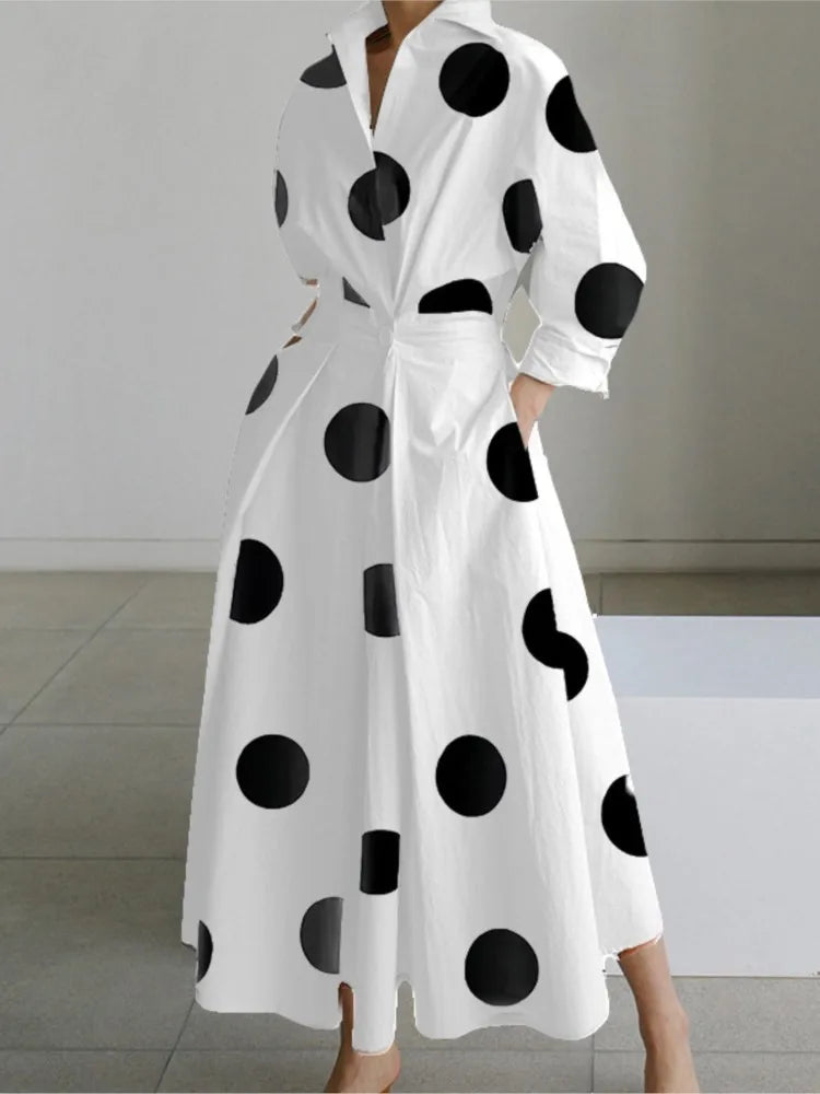 Autumn Dress Long Sleeve Dot Print Elegant Maxi Dresses For Women 2025 White Casual V Neck Shirt Party Long Dress Robe Femme