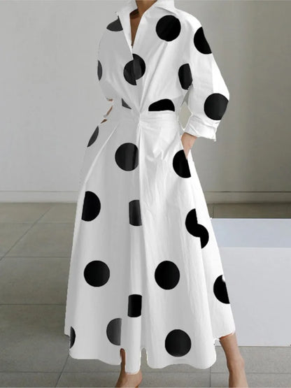 Autumn Dress Long Sleeve Dot Print Elegant Maxi Dresses For Women 2025 White Casual V Neck Shirt Party Long Dress Robe Femme