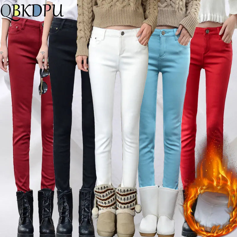Vaqueros elásticos gruesos de invierno, pantalones vaqueros de tubo para mujer, pantalones vaqueros ajustados de talla grande 34, pantalones vaqueros cálidos de felpa aterciopelada forrados Kot Pantolon