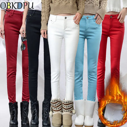 Vaqueros elásticos gruesos de invierno, pantalones vaqueros de tubo para mujer, pantalones vaqueros ajustados de talla grande 34, pantalones vaqueros cálidos de felpa aterciopelada forrados Kot Pantolon