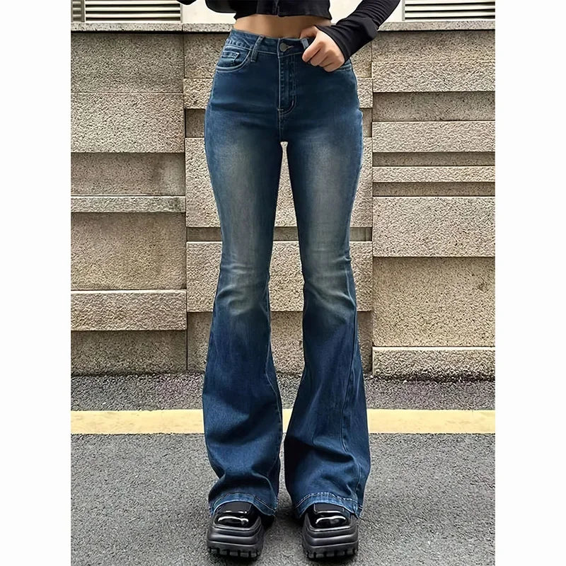 Girls Concise Ins High Waist Flared Jeans Female Stretchy Bootcut Denim Pants Women Solid Color Thin Bell Bottoms Trousers