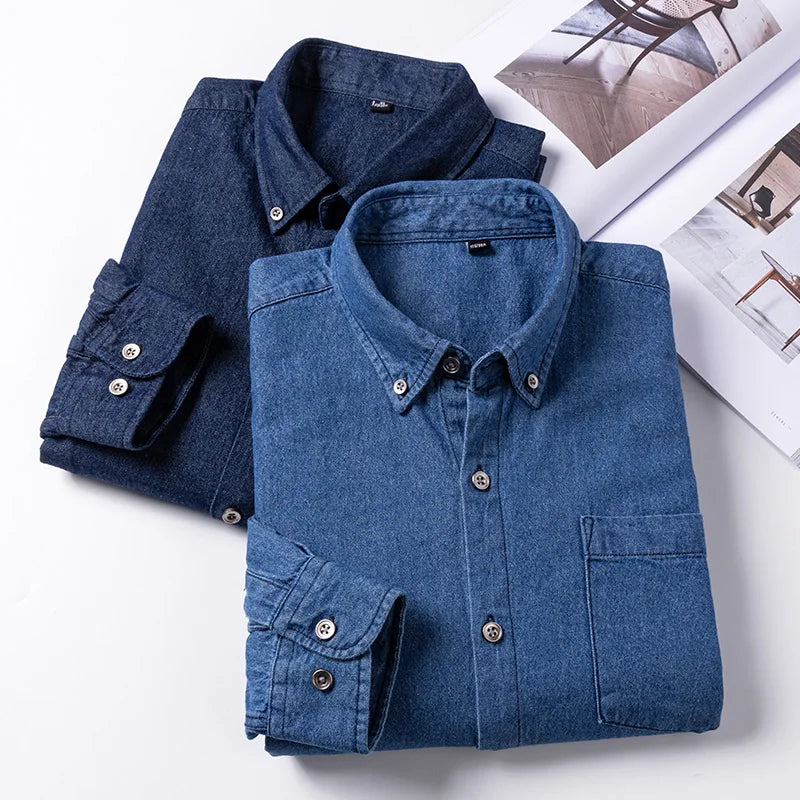 2025 Denim Long-Sleeve Double or Single  Pocket Design Shirt Classic 100% Cotton Fashion Embroider Comfortable Clothes