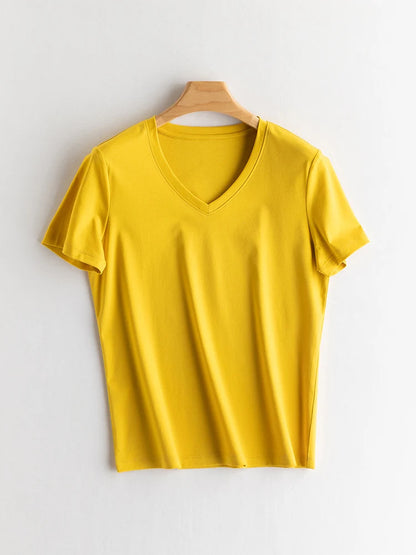 SuyaDream Women Solid T shirts, Silk Cotton Blend, O Neck, Short Sleeved Solid Tee,2026 Summer Candy Colors Basic Cozy Top Green