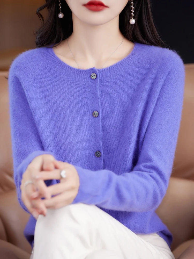 2026 New Chic Women's Basic O-neck Cardigan 100% Merino Wool Sweater Soft Grace Knitwear CoatSpring Autumn Female Clothes Tops