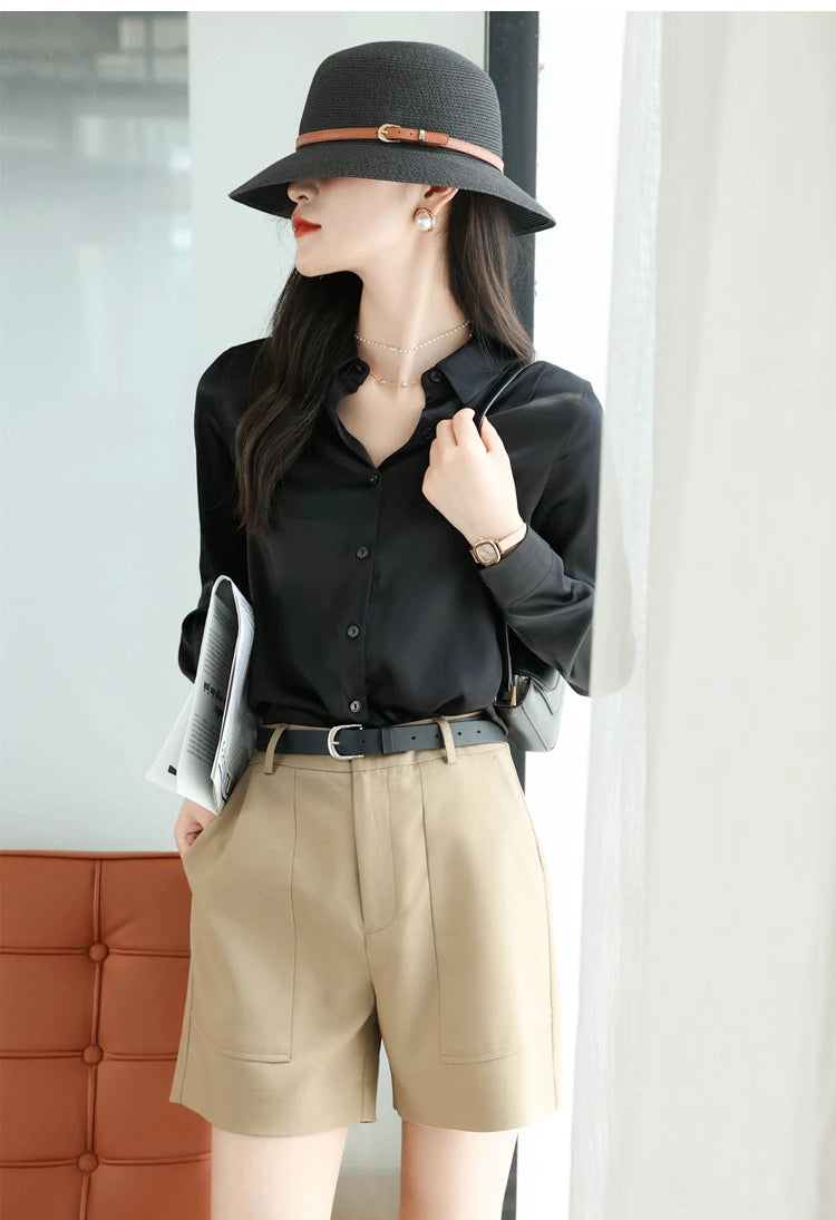Spring Autumn Elegant Satin Women's Blouse 2026 New Long Sleeve Turn-down Collar Korean Casual Loose Office Lady Shirts Female