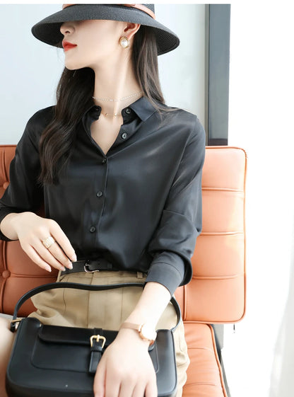 Spring Autumn Elegant Satin Women's Blouse 2026 New Long Sleeve Turn-down Collar Korean Casual Loose Office Lady Shirts Female