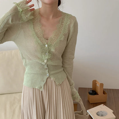 Seoulish Vintage Lace Knitted Cardigans for Women 2026 New Autumn Winter Solid Casual Slim Korean Style Ladies Tops Female