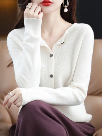 2026 New Chic Women's Basic O-neck Cardigan 100% Merino Wool Sweater Soft Grace Knitwear CoatSpring Autumn Female Clothes Tops