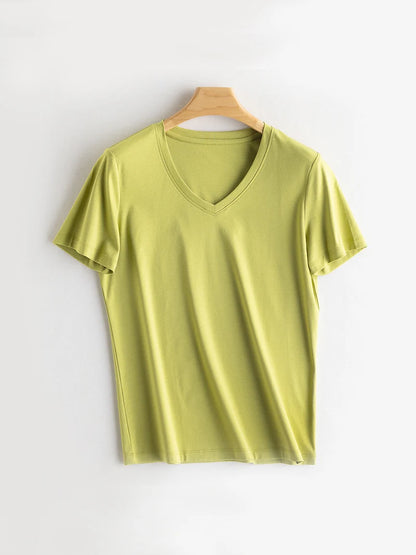 SuyaDream Women Solid T shirts, Silk Cotton Blend, O Neck, Short Sleeved Solid Tee,2026 Summer Candy Colors Basic Cozy Top Green