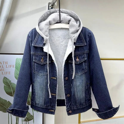 Chaqueta de invierno con capucha para mujer, gorro desmontable liso de manga larga, grueso, mantiene el calor, abrigo de invierno vaquero de felpa de talla grande con una sola botonadura