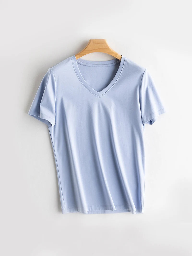 SuyaDream Women Solid T shirts, Silk Cotton Blend, O Neck, Short Sleeved Solid Tee,2026 Summer Candy Colors Basic Cozy Top Green