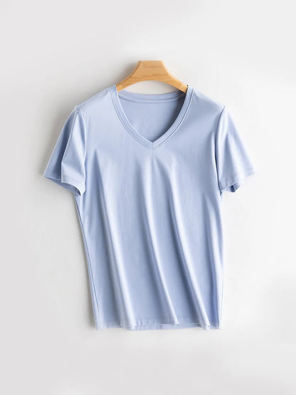SuyaDream Women Solid T shirts, Silk Cotton Blend, O Neck, Short Sleeved Solid Tee,2026 Summer Candy Colors Basic Cozy Top Green