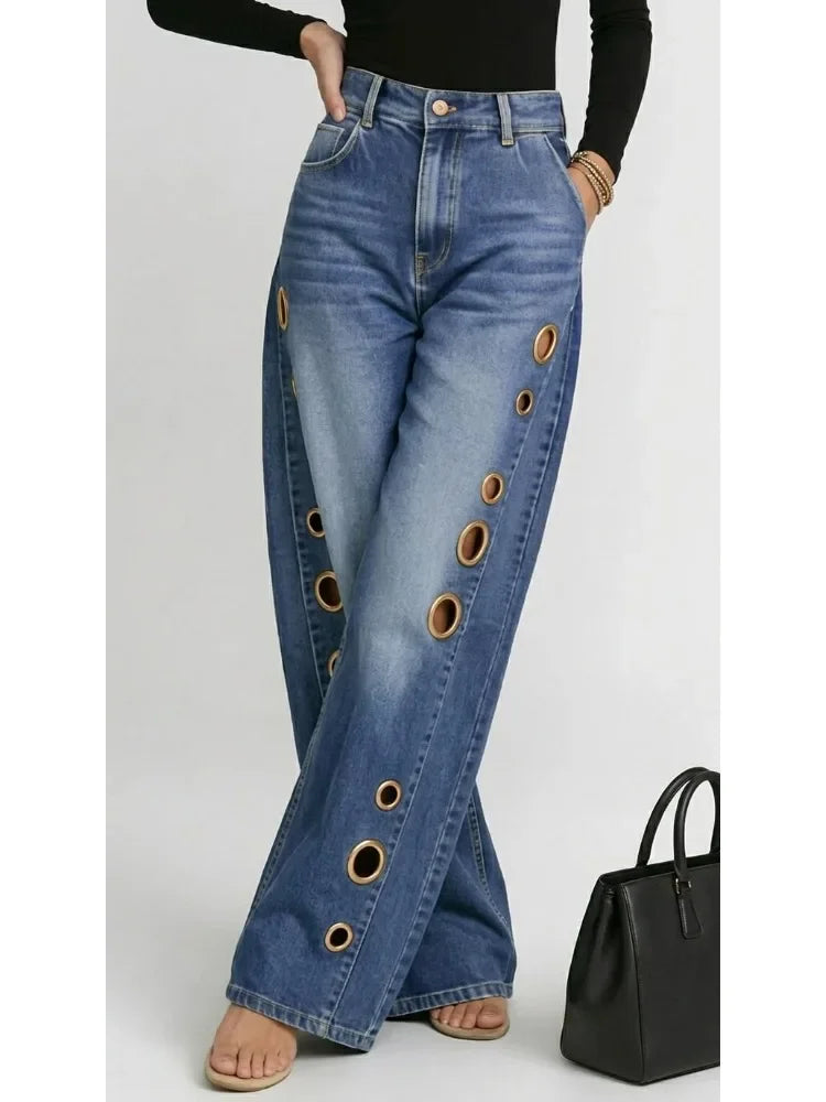 Missuoo Women's 2026 New Washed Blue High-Waist Metal Grommet Wide Leg Jeans, Casual Loose Fit Streetwear Pants for Daily Wear