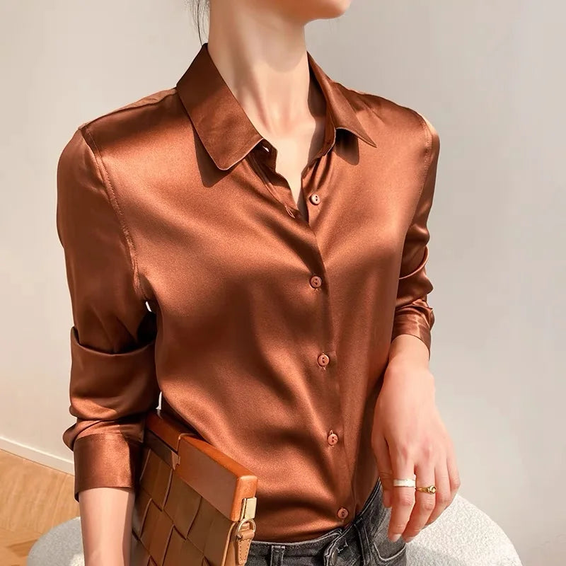 Spring Autumn Elegant Satin Women's Blouse 2026 New Long Sleeve Turn-down Collar Korean Casual Loose Office Lady Shirts Female