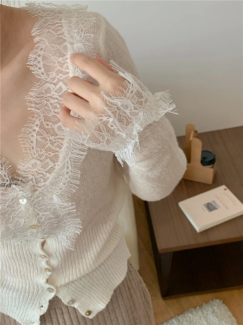 Seoulish Vintage Lace Knitted Cardigans for Women 2026 New Autumn Winter Solid Casual Slim Korean Style Ladies Tops Female