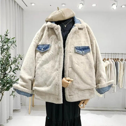 Double-Sided Lamb Wool Denim Jacket Women's Velvet Thick Furry Casual BF Padded Loose Winter Cowgirls Coat