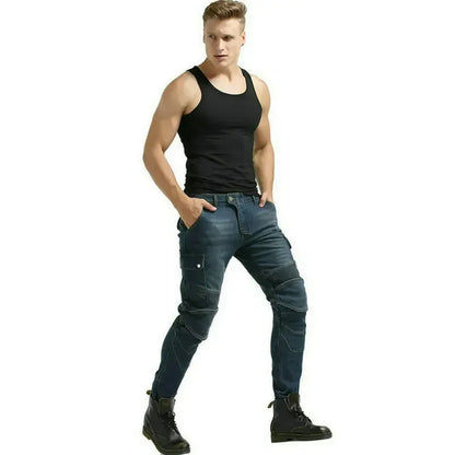 Denimaster Biker Wear-Resistant Motorcycle Riding Jeans Knight Sports Cycling Loose Straight Pants Wear Resistant Material Trousers
