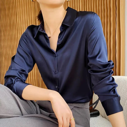 Spring Autumn Elegant Satin Women's Blouse 2026 New Long Sleeve Turn-down Collar Korean Casual Loose Office Lady Shirts Female