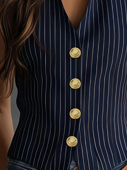 Women Vintage Casual Vertical Striped Sleeveless Stand Collar Waist Narrowing Button-Front Blouse Daily Commute Spring Summer