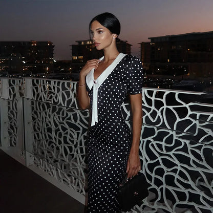 Dot Printed Dresses For Women Fashion Sexy Streetwear Short Sleeves Sheath Turn Down Collar V-Neck Long Vestidos Robes Female